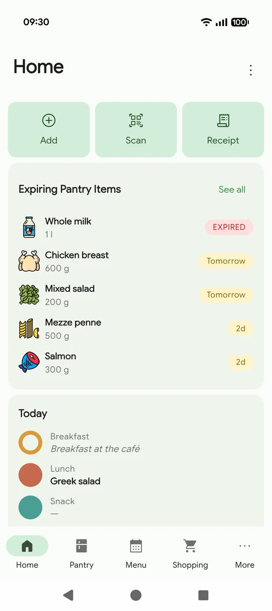 The home screen: quick actions, what is about to expire and today's meals.
