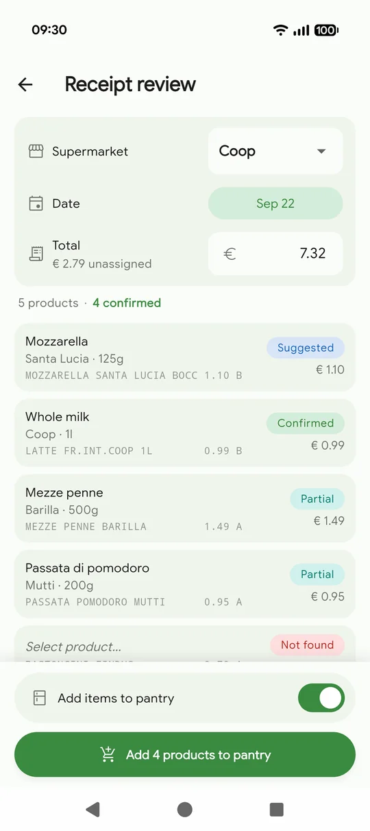 Reviewing a receipt: every line matched to a product, ready for the pantry.
