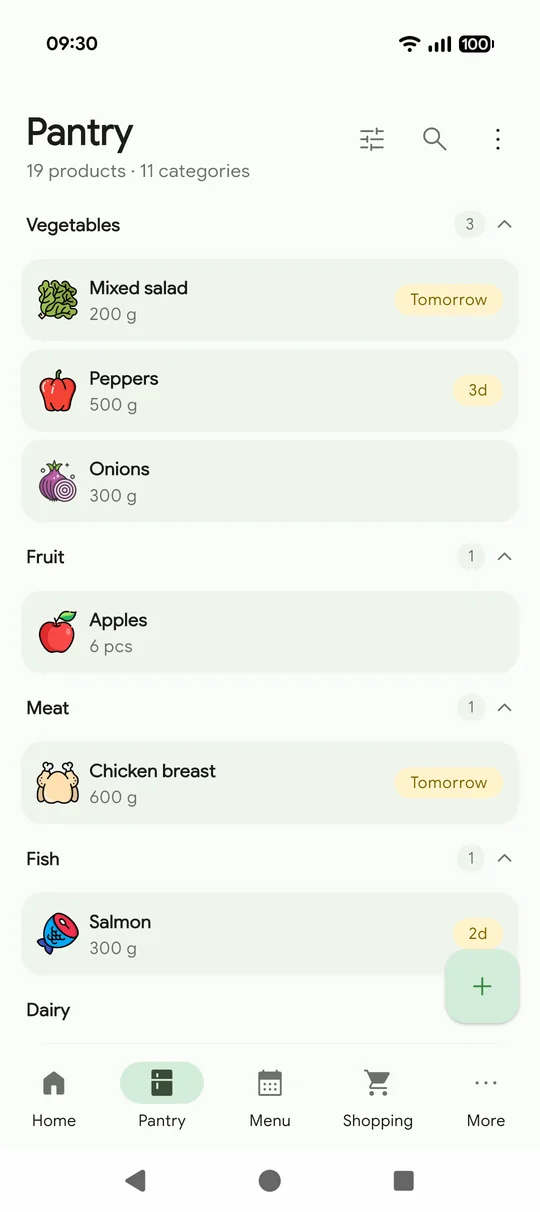The Pantry: products grouped by category, each with its quantity and expiry.