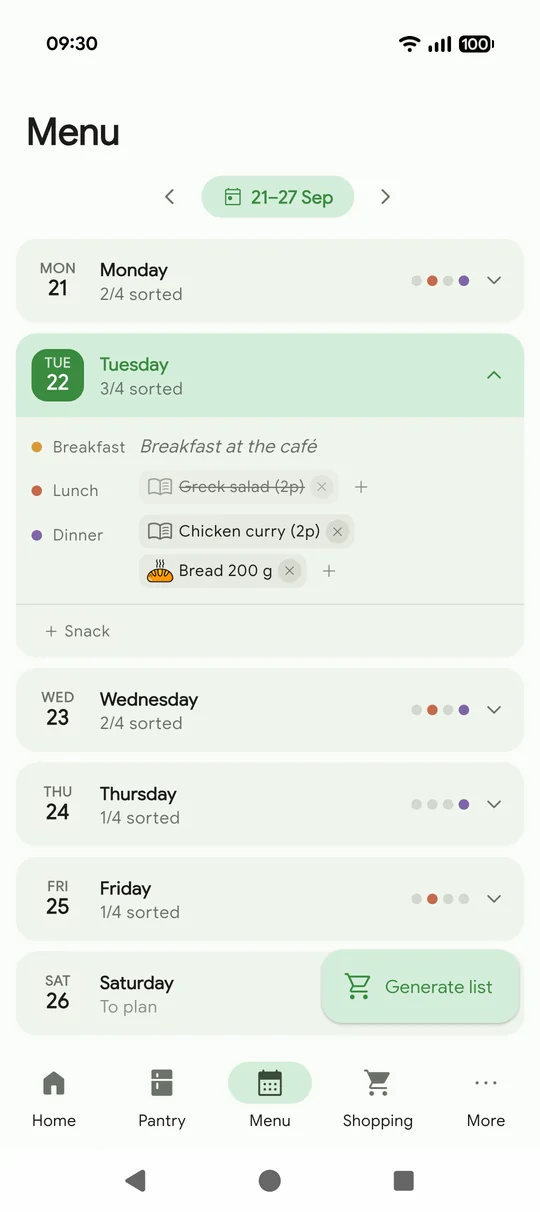 The week's menu, day by day, with the meals already decided.