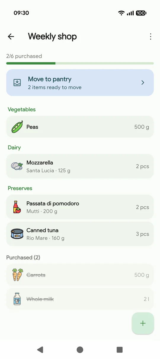 A shopping list sorted by aisle, with the bought items ready to move to the pantry.