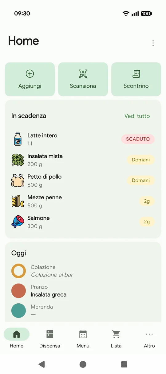 La home: le azioni rapide, i prodotti in scadenza e i pasti di oggi.