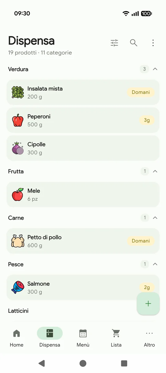 La Dispensa: i prodotti divisi per categoria, ognuno con la quantità e la scadenza.
